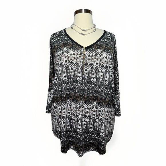 Cato Woman Tunic Black & White Abstract Print Blouse Size 22/24W Zipper Neck - Picture 1 of 10